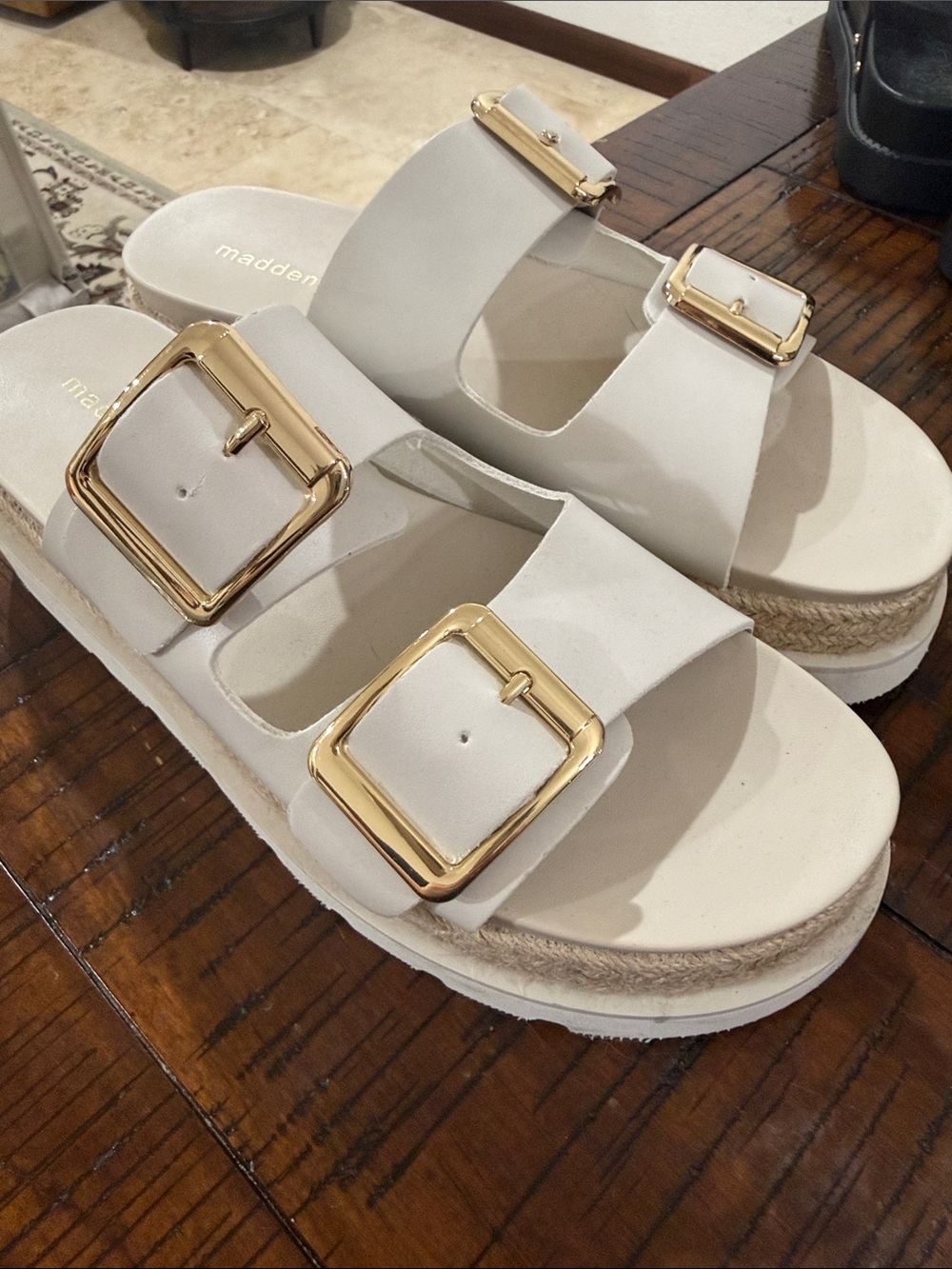 Madden Girl White Slide Sandals with Gold Buckles